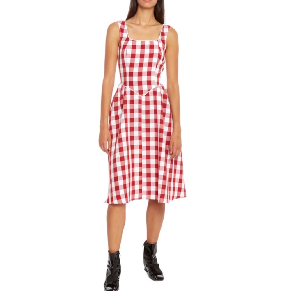 Batsheva Dress size 8 Red White Gingham Basque Waist Midi Square Neck Sleeveless